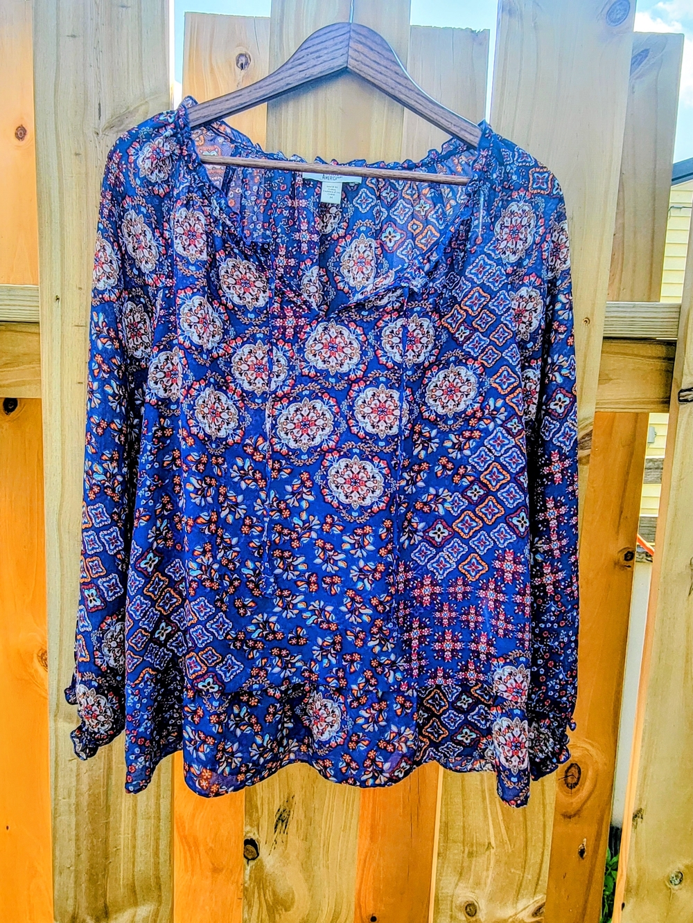 Vintage America Blue Boho Medallion Peasant Blouse